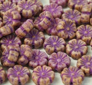 Flower Beads FLB-03000/96834 Opaque White/ Purple Inlay